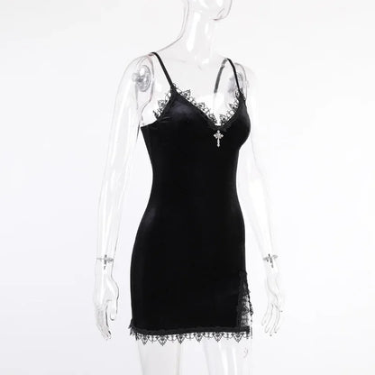 Goth Cross Mini Dress | Vintage Black Spaghetti Strap Dress -femstylo