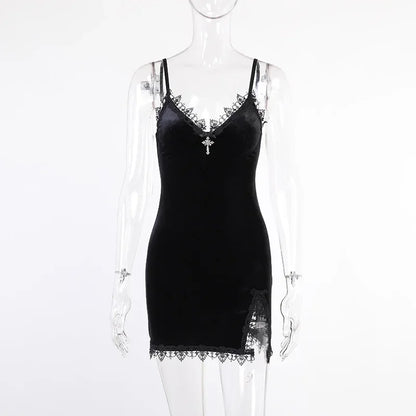 Goth Cross Mini Dress | Vintage Black Spaghetti Strap Dress -femstylo