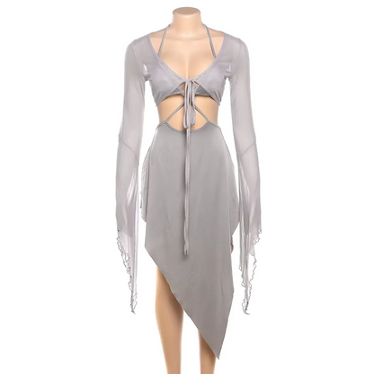 Gray Mesh Two-Piece Set – Halter Cutout Dress & Lace-Up Top